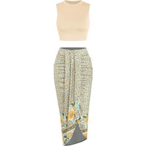 ZAFUL Women's Casual Sleeveless Summer Two Piece Outfits Crop Top and Side Split Draped Ruched Maxi Skirt Set Solid Suiting (Medium, B-floral Beige)