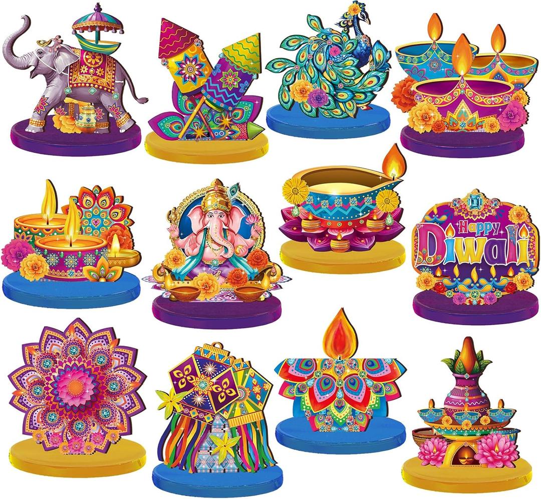 Wesiti 12 Pcs Diwali & Ganesh Chaturthi Decorations Diwali Table Decorations Signs Indian Festival Table Centerpiece with Ganesha Idol, Peacock, Lotus Marigold Tea Lights for Mandap Home Office Decor
