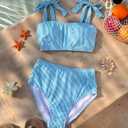 Herseas Women's Tie Shoulder Bikini Sets 2 Piece Striped Swimsuits High Waisted Bathing Suits (Blue, M)