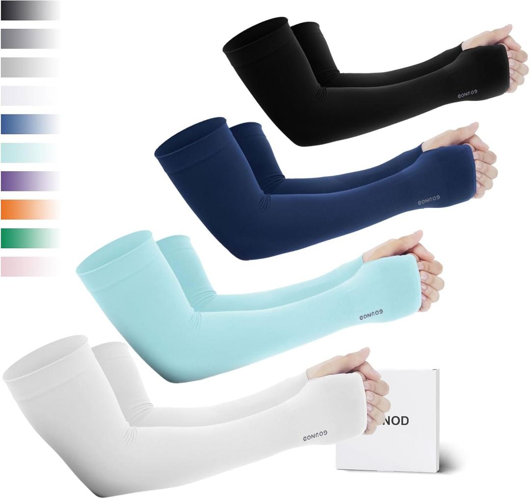 GOUNOD Sun Protection Cooling Arm Sleeves with Thumb Holes - Gardening Outdoors Sports Workouts Sunscreen Arm Sleeves (4 Pairs:1 Pair Black,1 Pair White,1 Pair Dark Blue,1 Pair Light Blue)