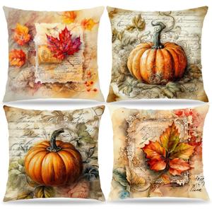 Vintage Fall Pillow Covers 18x18, Shabby Chic Fall Pumpkin Autumn Leaves Decorative Pillow Covers, Fall Home Bedroom Living Room Decor, Farmhouse French Country Pillow Cover, Set of 4