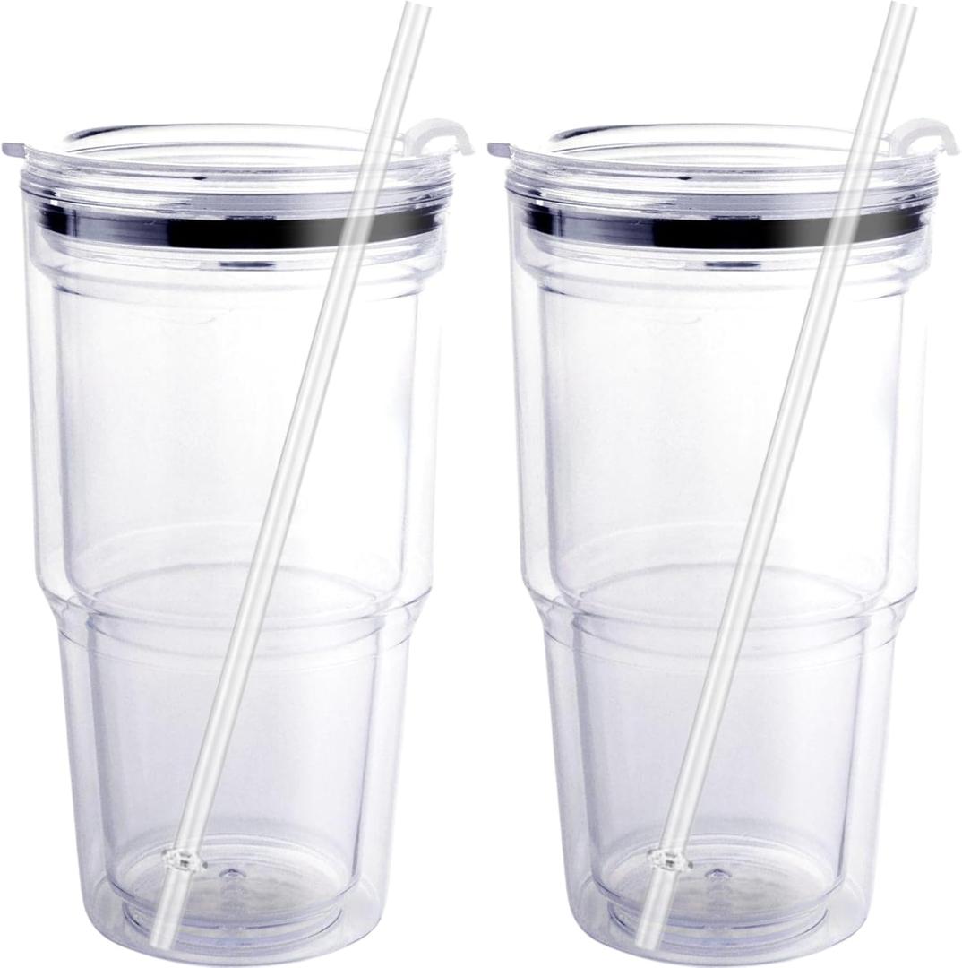 Clear tumblers with lid and straw 30 - 32oz, Clear Coffee cup with lid and straw Insulated Plastic Tumbler with Lid and straw, BPA free Double Wall, Reusable Acrylic tumbler with lid and straw (2Pk)
