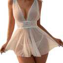 Women's 2 Piece Polka Dots Lace Sheer Mesh V Neck Babydoll Teddy Lingerie Set (White, S)