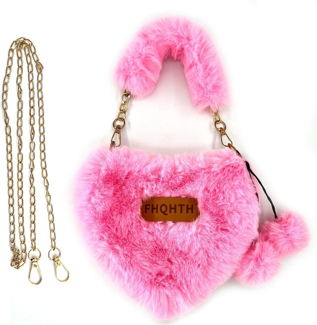 Faux Fur Evening Handbags Heart Shaped Clutches for Women Fluffy Shoulder Bags Metal Chain Strap (Pink)