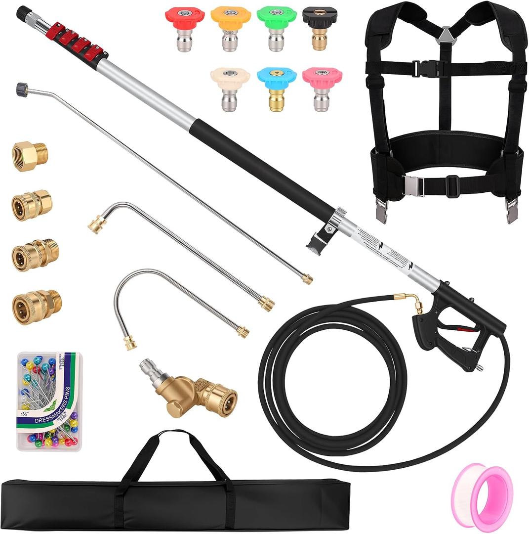 FIDISP 24 FT Telescoping Pressure Washer Wand, Gutter Cleaning Tool with Power Washer Extension Wand, Pivoting Coupling, 7 Nozzle Tips, 4 Adapters, Upgraded Support Belt for Gutter Window Wall Eaves