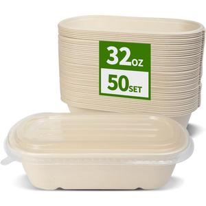 50 Pack 32 oz Paper Meal Prep Containers with Lids for Salad, Pasta, Nacho, Burrito, Deep Large Disposable Meal Take Out Food Containers (50 Bowls 50 Lids)