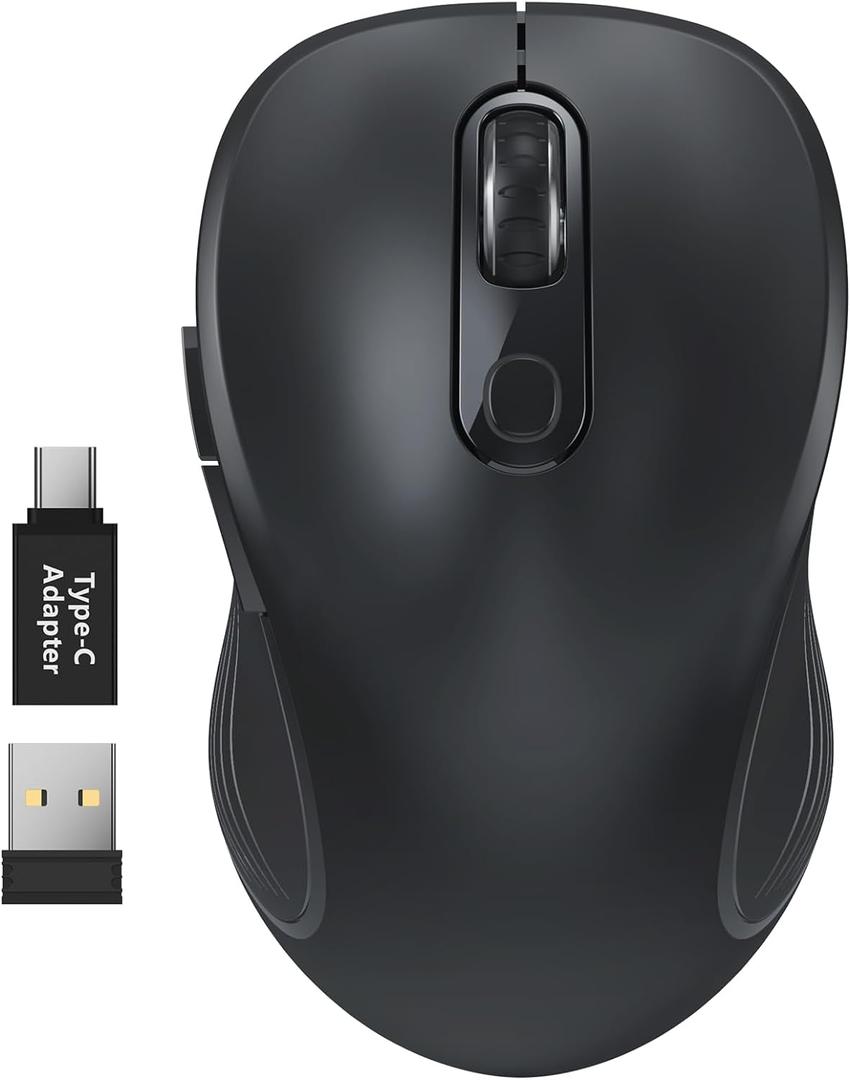 WisFox 2.4G Wireless Mouse for Laptop, Ergonomic Computer Mouse with USB Receiver and Type-C Adapter, 3 Adjustable Levels, 6 Button Cordless Wireless Mice for Windows Mac PC Notebook (Black)