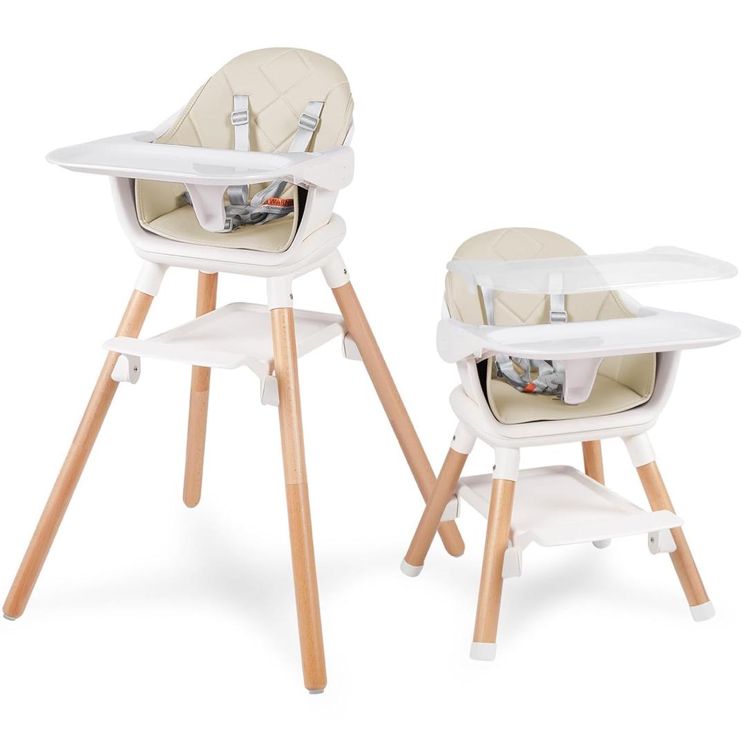 6 in 1 Baby High Chair, Convertible Wooden High Chairs/Booster Seat for Babies and Toddlers, Baby Feeding Chair with 5-Point Harness/Double Removable Tray & Adjustable Footrest (Beige) (Khaki)