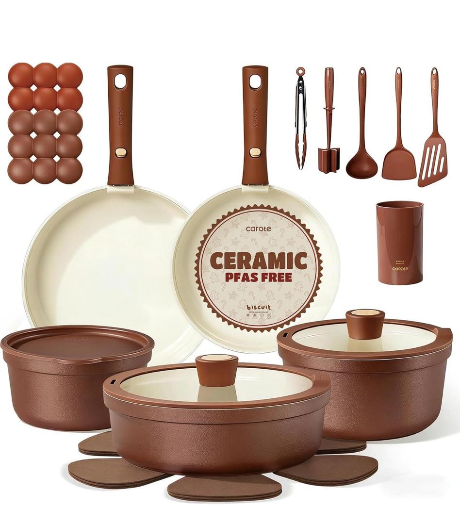 CAROTE 22Pcs Ceramic Cookware Set, Pots and Pans Set Non Stick Removable Handles, Non Toxic Cookware Oven/Dishwasher Safe, Induction Cookware, Gift Set, NonStick Cookware Set with Kitchen Essentials