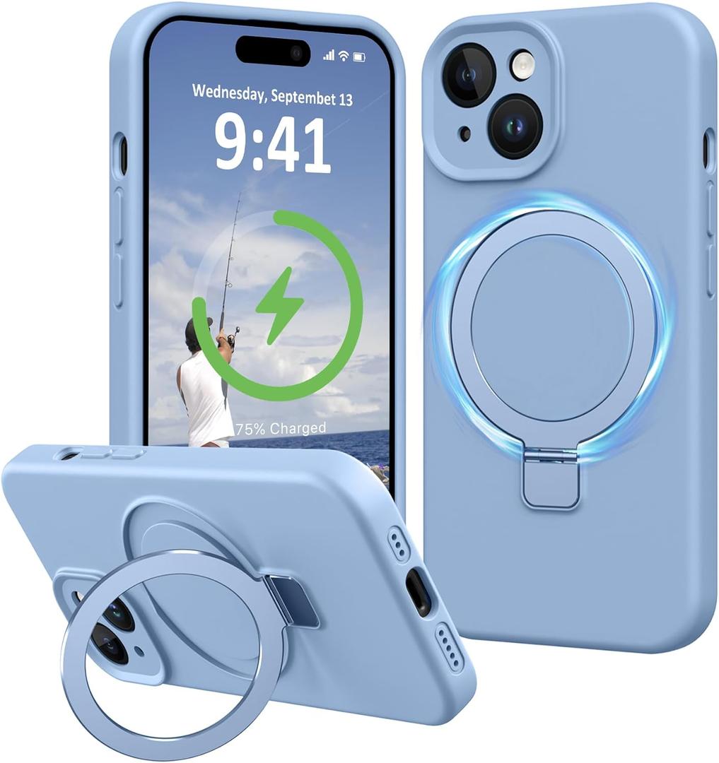 Compatible with iPhone 14 Plus Case Stand, Full Camera Protection Slim Liquid Silicone Phone Cases for iPhone 14 Plus Compatible with MagSafe Magnetic Ring Kickstand Case 6.7", Light Blue
