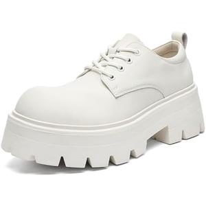 Men's Leather Platform Oxfords - Classic Round Toe Lace Up Dress Shoes -Comfort Non-Slip Lug Sole Chunky Heel Heightening Derby Shoes, 8.5