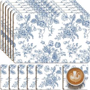 6 Sets Blue and White Floral Cork Placemats with 6 Coasters, 16x12 Inches Heat Resistant Cork Backed Table Mats, Square Coasters for Rustic Kitchen Dinner Table Setting Supplies