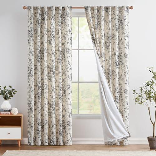 jinchan Lined Linen Blend Curtain Floral Curtains for Living Room 84 Inches Long Black Peony Flower Printed Curtain Back Tab Farmhouse Patterned Drapes Bedroom Window Curtains Set 2 Panels