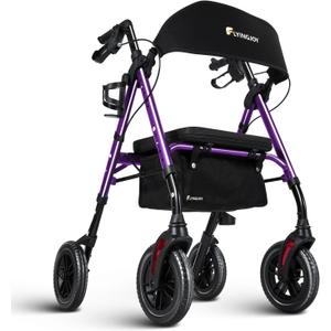 Lightweight Rollator Walker with Seat & Backrest - Foldable Mobility Aid for Seniors, 8" Large Airless Tires, Adjustable Height, Brake,Storage Bag,300 lbs Capacity, 4 Wheel Rolling Walkers for Adults