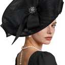 Kgromfy Women's Wide Brim Fascinator Hat Tea Party Headband Large Vintage Church Hat Lady Headwear for Derby Wedding Cocktail