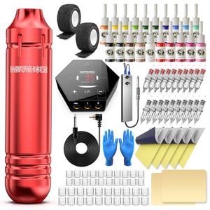 Wormhole Tattoo Kit Tattoo Gun Kit Tattoo Machine Kit for Beginners Tattoo Gun 20 Color Inks Power Supply Tattoo Pen Kit Red
