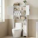 Homhedy Over The Toilet Storage Cabinet with 2 Barn Door and Toilet Paper Holder Stand, FreeStanding Toilet Shelf Space Saver, for Bathroom, Restroom, Laundry, White, 7.8"D x 30.7"W x 65.4"H