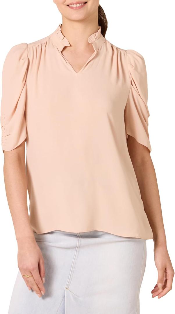 Amazon Essentials Women's Lightweight Georgette Half-Sleeve Ruffle Neck Woven Blouse (X-Large)
