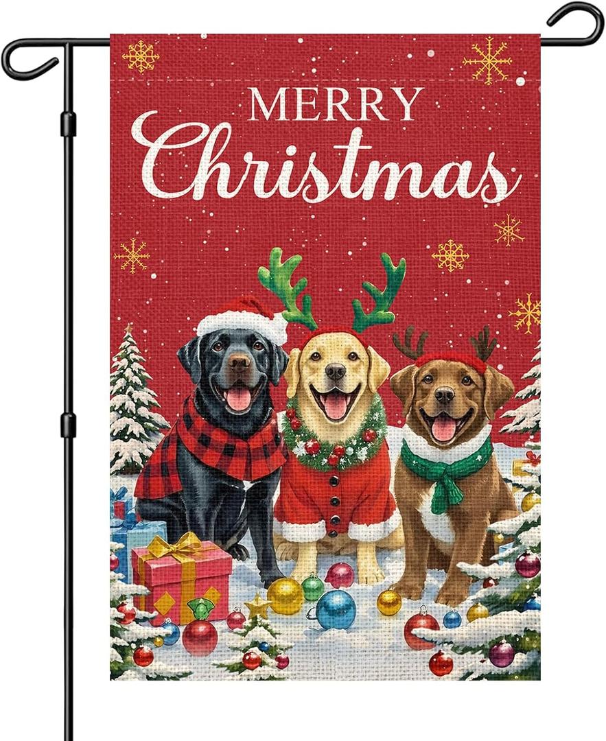 2 x Merry Christmas Dogs Garden Flag 12x18 Inch Double Sided Welcome Xmas Winter Seasonal Small Burlap Garden Flags for Porch, Patio, Lawn, Farmhouse, Holiday Decoration