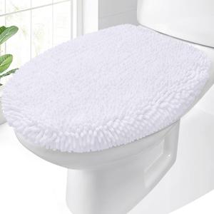 OLANLY Soft Chenille Bathroom Toilet Lid Cover, Machine Washable Seat Covers, 17.5x15, Stays in Place Rubber Backing, Fits Most Round, Elongated and Oblong Lids, Accessories Decor, White