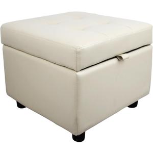 H&B Luxuries Tufted Leather Square Flip Top Storage Ottoman Cube Foot Rest (Cream with Storage)