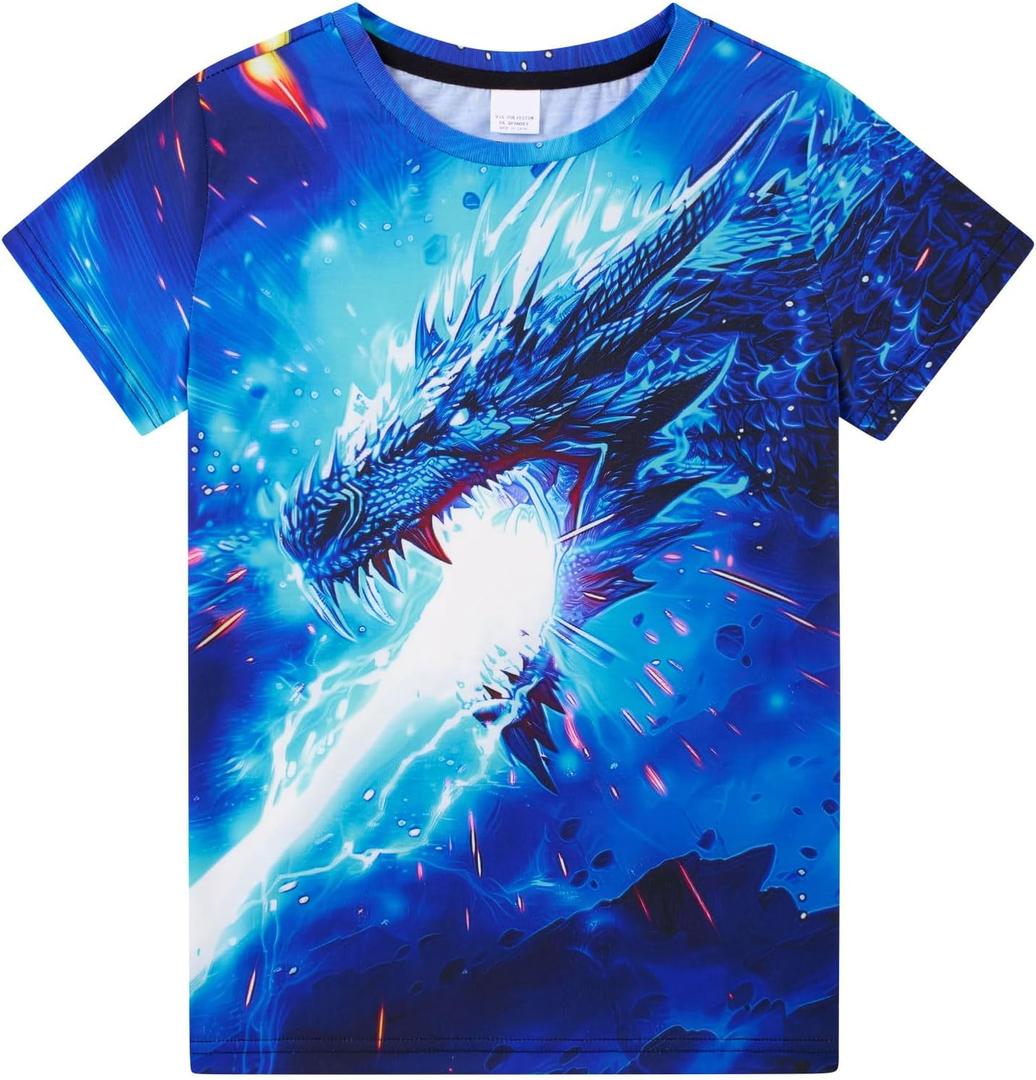 Funnycokid Boys Girls Shirts Graphic T-Shirt Neon Clothes Kids Novelty Youth Short Sleeve Animal Print Tees 4-16 Years (Blue)