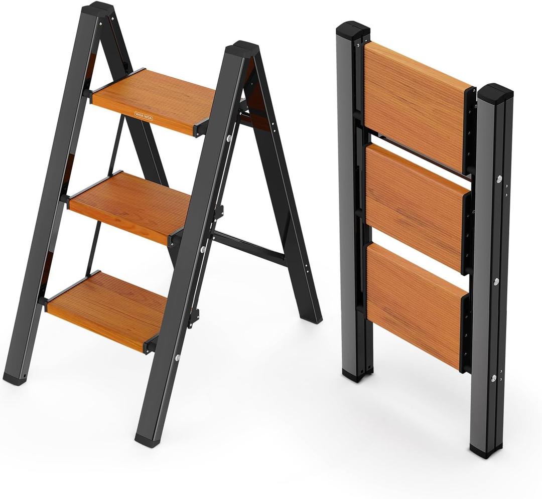 WOA WOA Step Ladder with Widened Pedals, Folding Step Stool with Anti-Slip Feet, Portable Home Ladder for Adults, Kitchen Small Stepladder 300 lbs Capacity (3 Step, Black & Wood Grain)