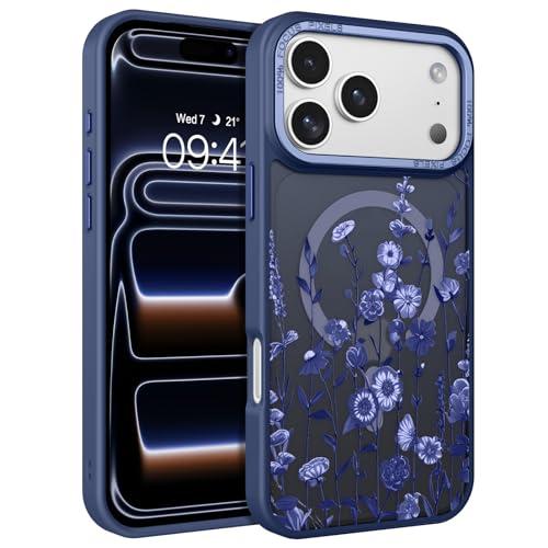 DOMAVER for iPhone 17 Pro Case, Magnetic Phone Case iPhone 17 Pro [Compatible with MagSafe] Slim Fit Flowers Floral Design Shockproof Protective Bumper Women Men Girls Boys Cover- Deep Blue