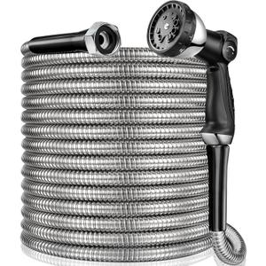 65 ft Garden Hsoe - 2025 Upgraded 304 Stainless Steel Garden Hose with 10-Function Spray Gun, 3/4'' Copper-Chrome Fittings  Lightweight, Durable, and Kink-Free, Metal Water Hoses for Gardening (Silver)