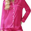Ekouaer Satin Pajama Set for Women Button Down Pj Set Long Sleeve Top and Shorts 2 Piece Loungewear Summer Soft Sleepwear (Pink, M)