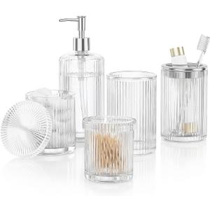 BSSN Glass Bathroom Accessories 5 Pcs, Clear Bathroom Set, Soap Dispenser, Toothbrush Holder Set, Tumber, Qtip Holder Set, Vintage Bathroom Sink Set, Cute Bathroom Decor