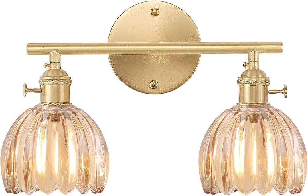 Bathroom Light Fixtures, 2-Light Brass Vanity Wall Light Over Mirror with Amber Tulip Glass Shade for Bedroom Living Room (Bulb Not Included) (Hardwired)