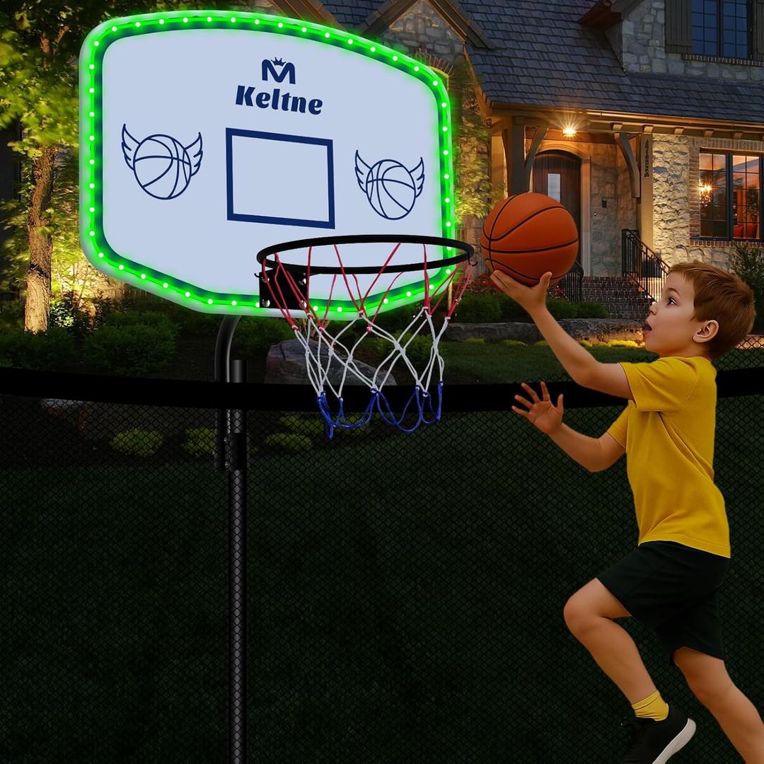 Solar Trampoline Basketball Hoop with LED Lights, Fits for Diameter 25mm - 32mm Straight & Curved Pole, Universal Trampoline Basketball Hoop Attachment with Mini Ball and Pump for Indoor & Outdoor