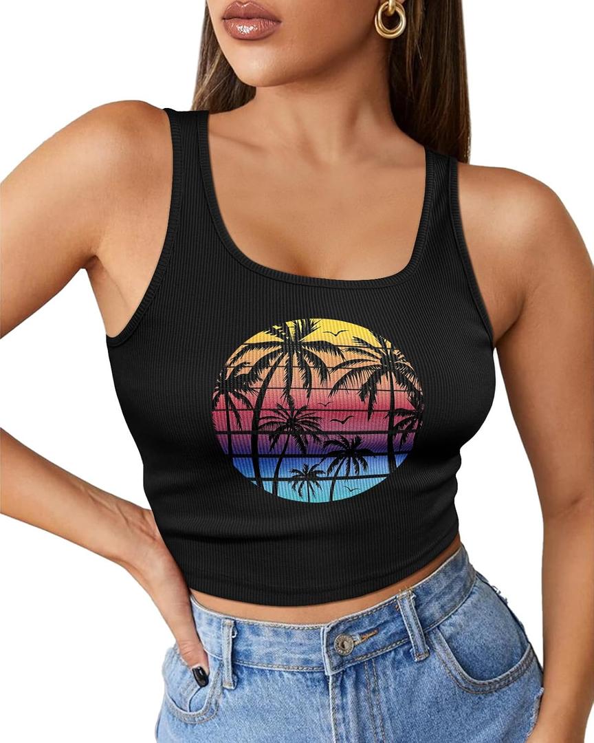 Flafens Crop Tops for Women Summer Tank Tops - Cute Ribbed U Neck Graphic Sleeveless T Shirts Yoga Gym Short Tanktops (Black, L)