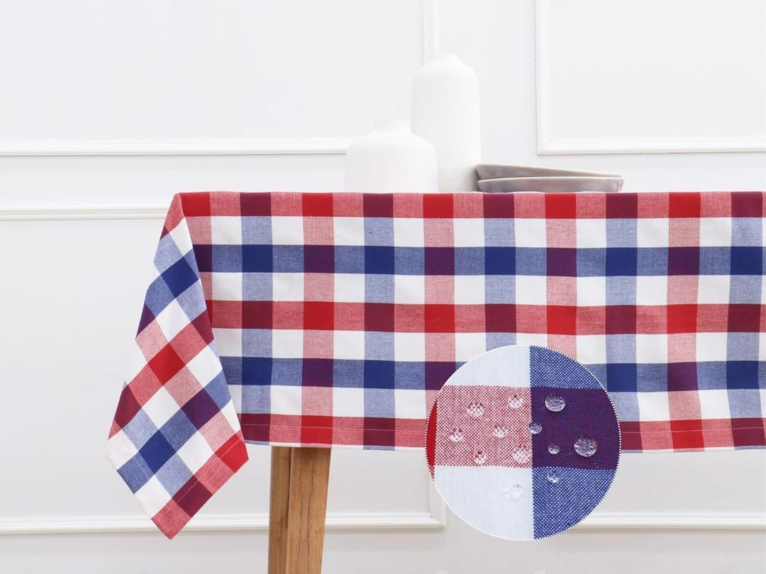 PurpleEssences 4th of July Buffalo Plaid Tablecloth - Water Resistant Wipeable Washable Checkered Table Cloth for Outdoor Picnic Dining - Spring Easter Summer - 60 x 120 Inch - Red Blue and White