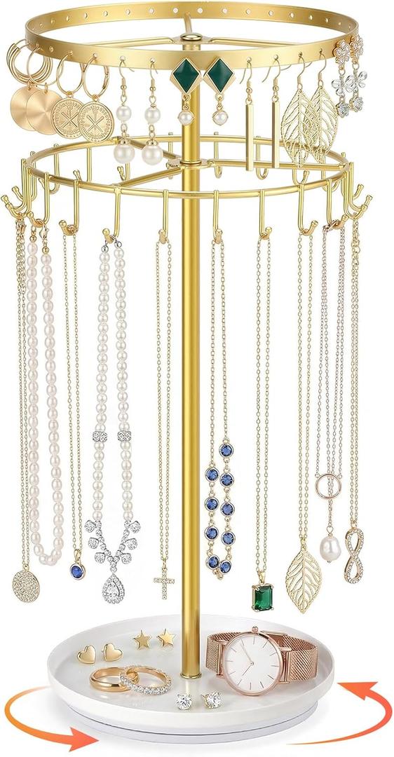 LANDNEOO Necklace Holder Jewelry Organizer, 360 Rotating 3-Tier Jewelry Stand Display, 14.3" Holds 80 Pcs, Earring Holder, Bracelet Ring Holder, Jewelry Organizer and Storage For Women Vanity Dresser
