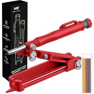 Multi function Scribing Tool, Zinc Alloy Smart Scribe Tool with Solid Carpenter Pencil, DIY Scribe Tool woodworking, Gauge Scriber Line Maker, Measuring Tool with Scale, Red