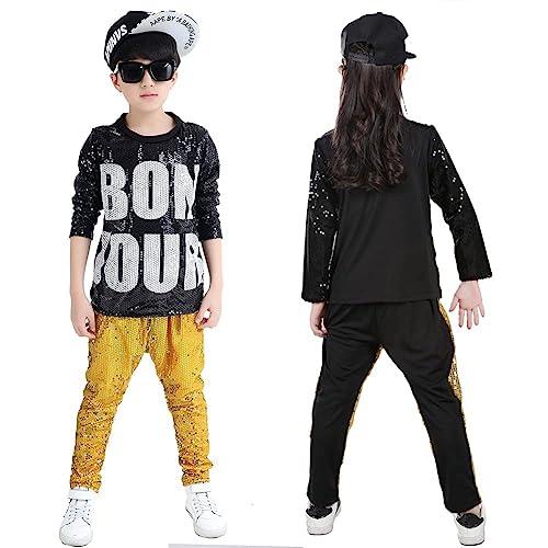 LOLANTA Kids Dance Costume Boys Girls Sequins Hip Hop Clothes 80s 90s Outfits Shiny Dress Up Dancewear(Gold,5-6)