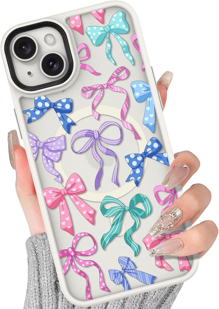 BITOBE Case for iPhone 15 [Compatible with MagSafe] Cute Ribbon Bow Pattern for Women Girls Soft TPU Bumper Translucent Magnetic Slim Protective Cover - Bows