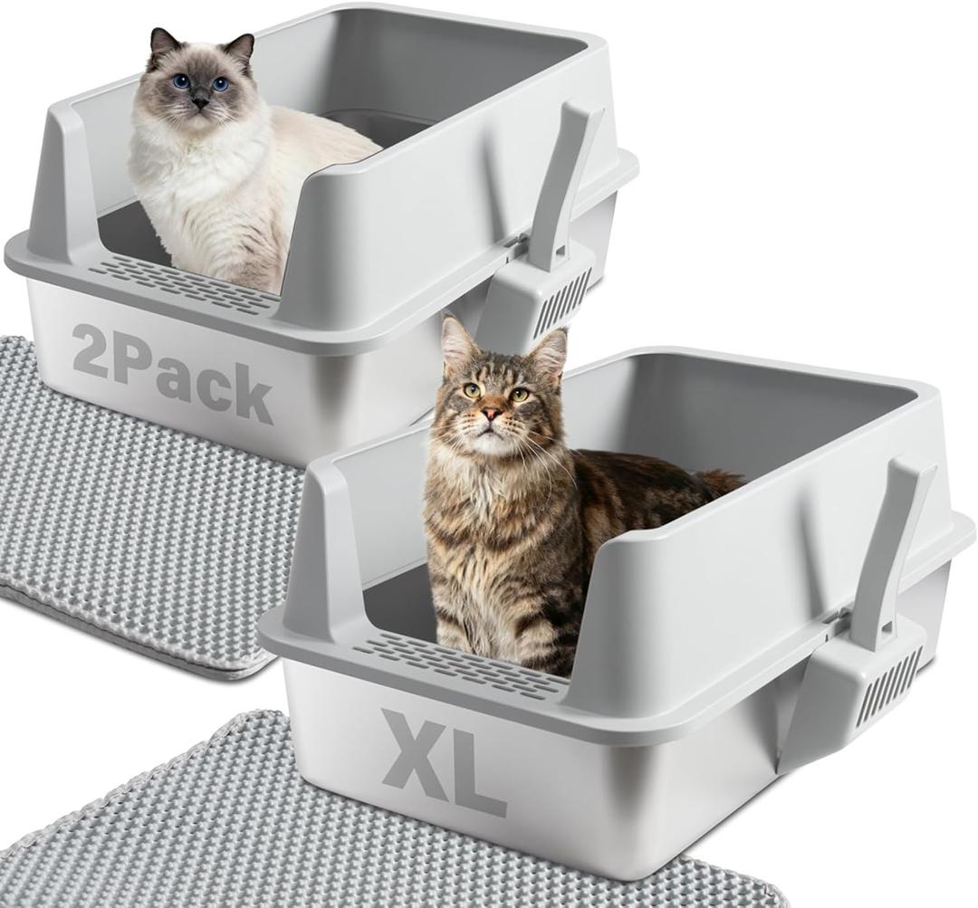Stainless Steel Cat Litter Box with Lid, 2 Pack XL Metal Litter Box Stainless Steel with Mat & Scoop, Odor-Free/Anti-Leakage & Non-Stick, High-Sided Litter Box for Multiple Big Cats (XL/Grey)