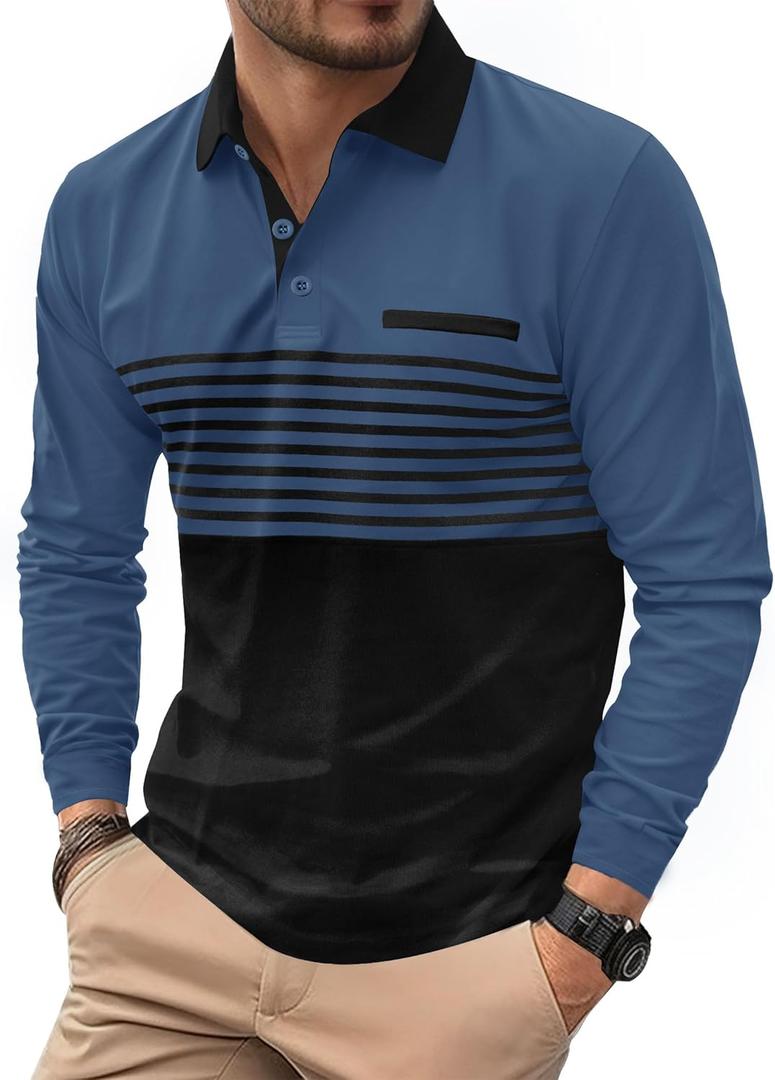 Mens Striped Golf Polo Shirts Color Block Long Sleeve Casual Shirt (S)