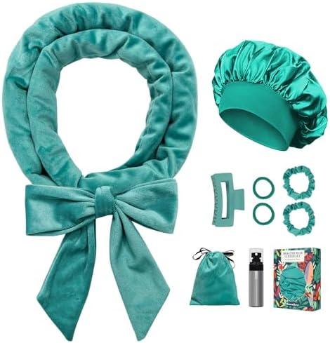 Gwabee No Heat Overnight Curl Headband, 70" Soft Ribbon Wrap for Long Hair, 9 PCS Hair Curling Rods Set - Blue Green