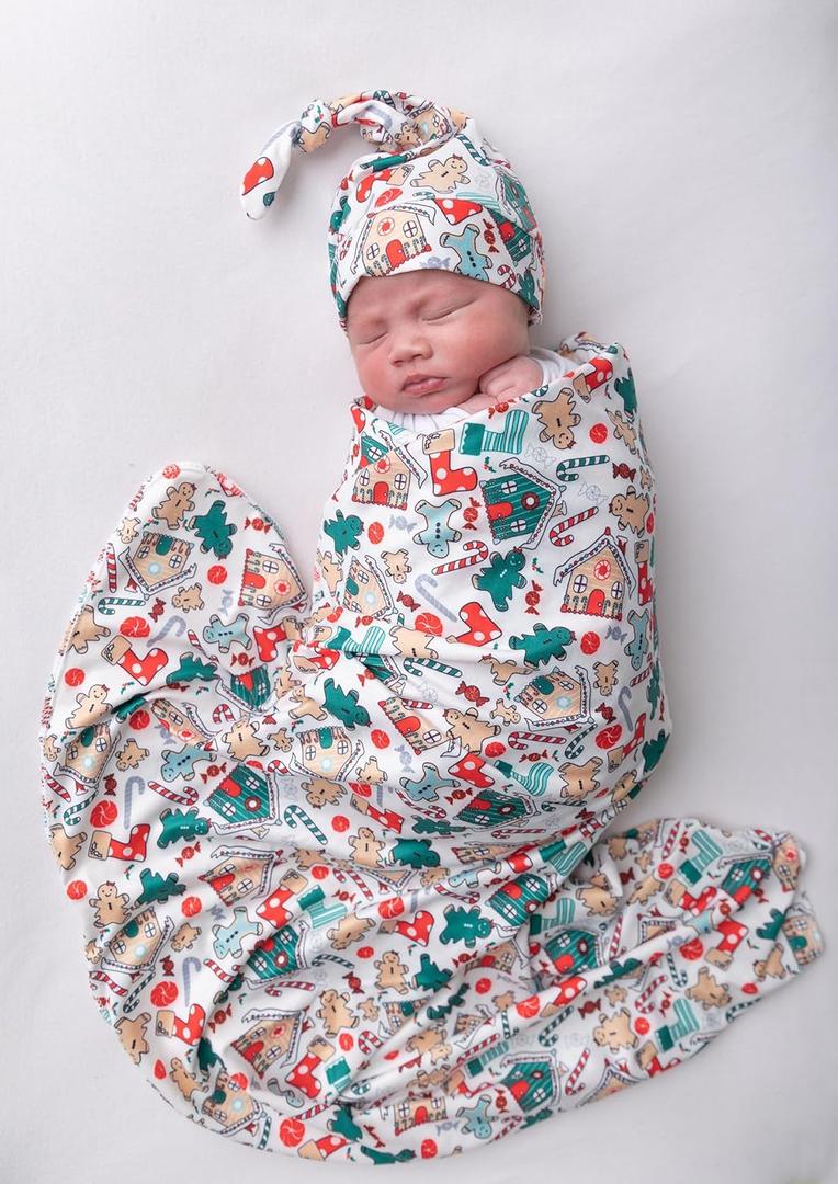 Newborn Baby Girl Receiving Blanket Swaddle Blanket Stretchy Knit Swaddle Set with Matching Beanie (Green Cartoon Christmas)