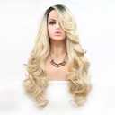 Melody Blonde Wig With Dark Roots Long Wavy Gold Synthetic Lace Front Wigs For Women 180% Density Side Part with Upsweep to Make Face Smaller Heat Resistant Fiber Hair 24 inch