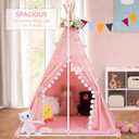 WIRHAO Teepee Tent for Kids with Padded Mat Cotton Canvas Kids Tent with Pompom for Toddlers Indoor Play Tent for Girls Boys with Stars Lights, Carry Bag, Banner Flag (Pink)