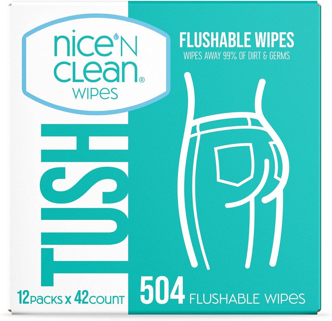 Nice 'N Clean Adult Flushable Wipes (12 x 42 Count) | Personal Cleansing Wipes Made from Plant-Based Fibers | Infused with Aloe & Vitamin E
