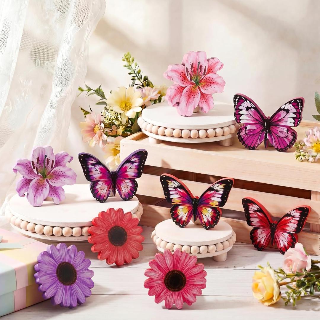 9 Pcs Summer Wooden Flowers Butterflies Table Decor Farmhouse Tiered Tray Decor Rustic Wood Table Centerpieces for Wedding Home, Kitchen, Mantel, Graduation Teacher Gifts(Pink and Purple)