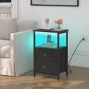 Nightstand with Charging Station, LED Night Stand Set 2, Bedside Table End Table Set of 2, Bedroom Table with 2 Fabric Drawers PU Finish, 3-Tier Storage Side Table for Bedroom,Black