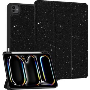 Compatible with iPad Pro 13 Inch Case (M5/M4) 2025/2024 with Pencil Holder TPU Back Case Auto Sleep/Wake Cover for Girls Women Men Cute Preppy Cool-Black Glitter Sparkly