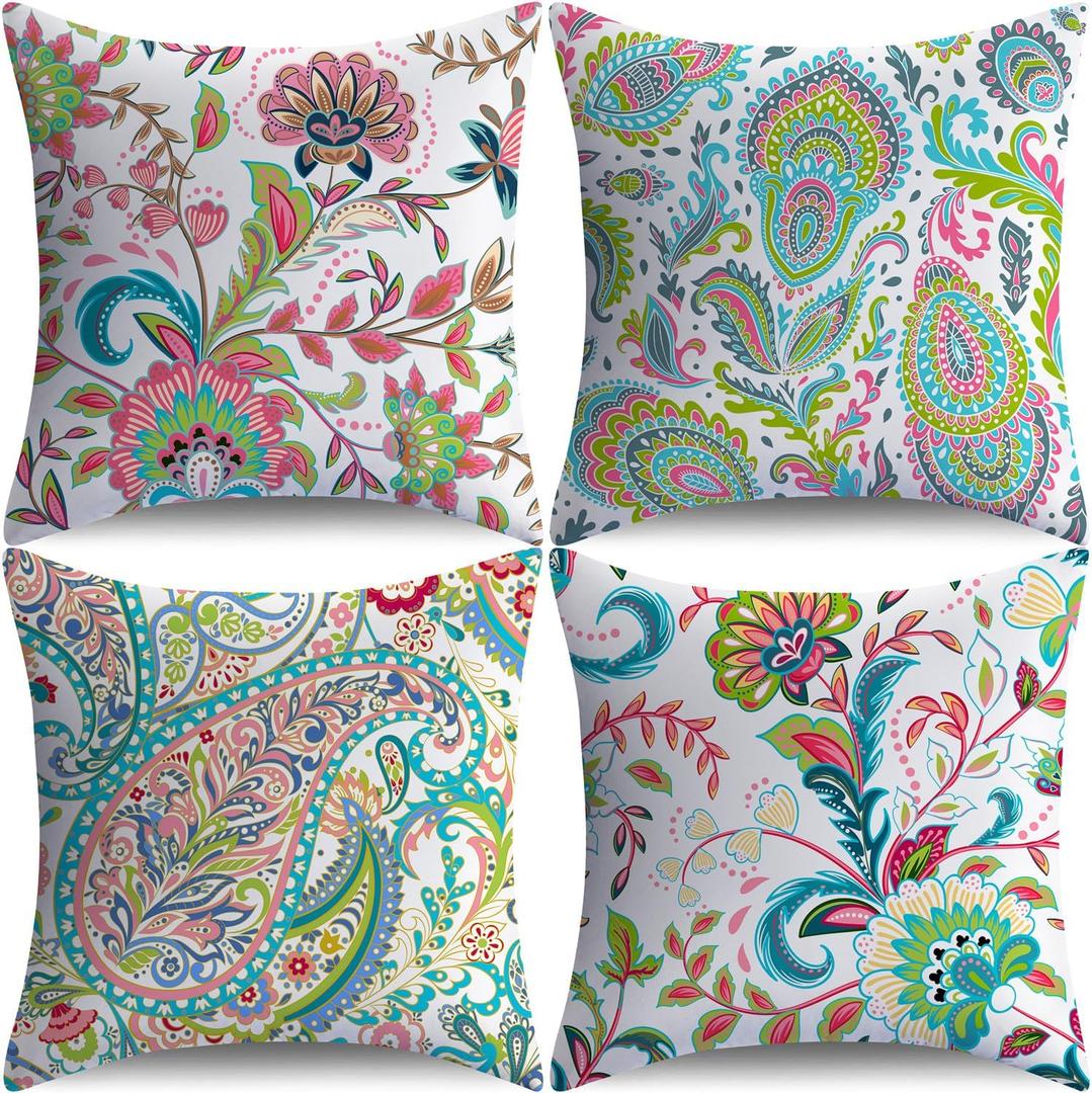 NIGHTWISH Outdoor Waterproof Pillow Covers 20x20 Set of 4 Paisley Decorative Outdoor Throw Pillows Floral Cushion Cases for Patio Furniture Bench Couch Sunbrella
